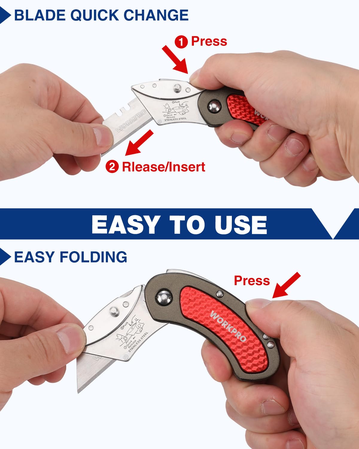 WORKPRO folding knife blue featuring back-lock for secure use.