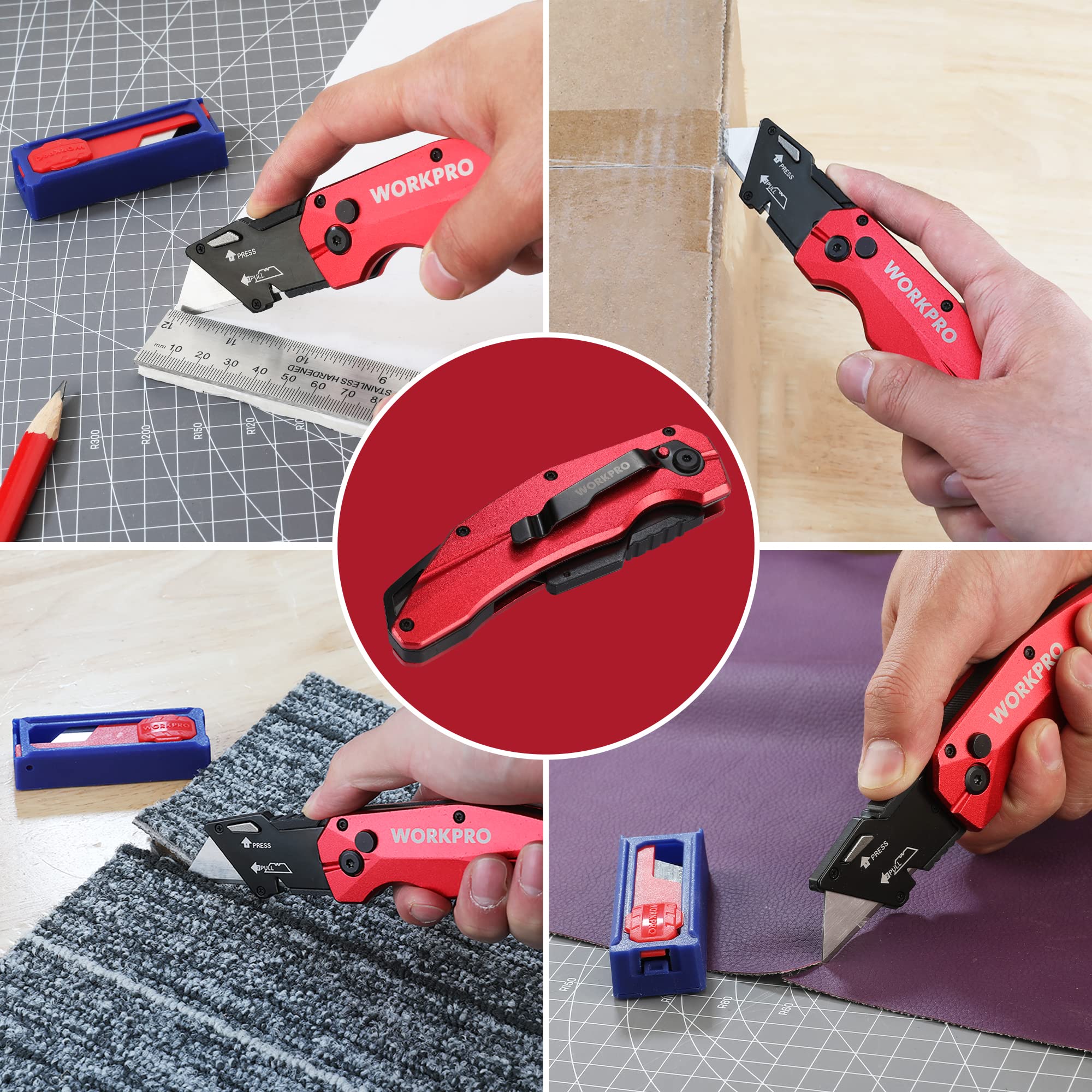 Durable WORKPRO knife handles drywall, rope, vinyl, and leather tasks