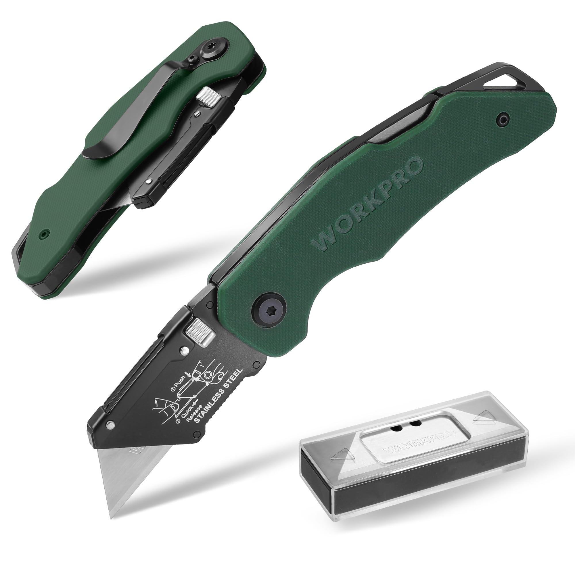WorkPro folding knife with G10 handle close-up showing slip-resistant grip for controlled cuts