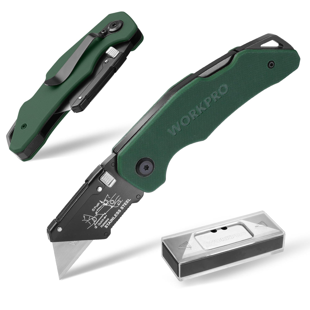 WorkPro folding knife with G10 handle close-up showing slip-resistant grip for controlled cuts