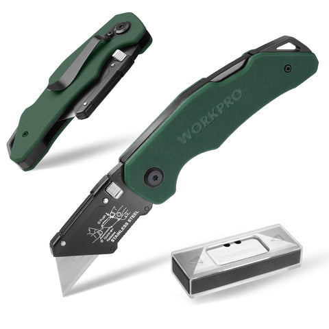 WorkPro folding knife with G10 handle close-up showing slip-resistant grip for controlled cuts