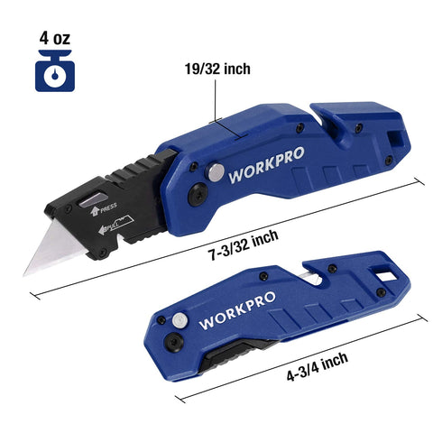 WORKPRO folding knife featuring gut hook for clean cuts while working.