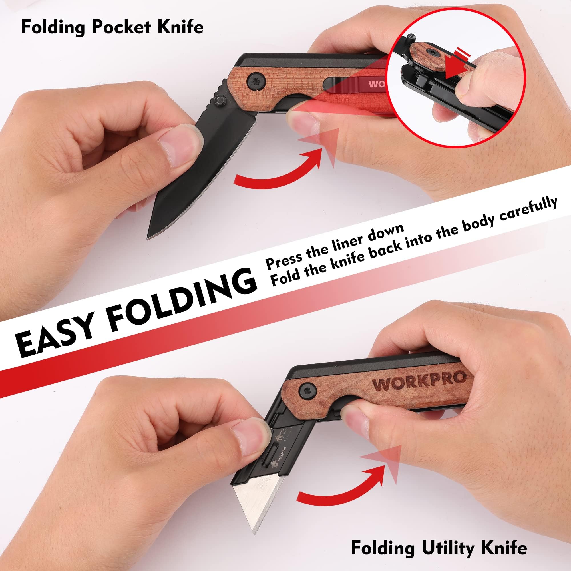 WORKPRO compact folding knife fits in pocket for everyday tasks.