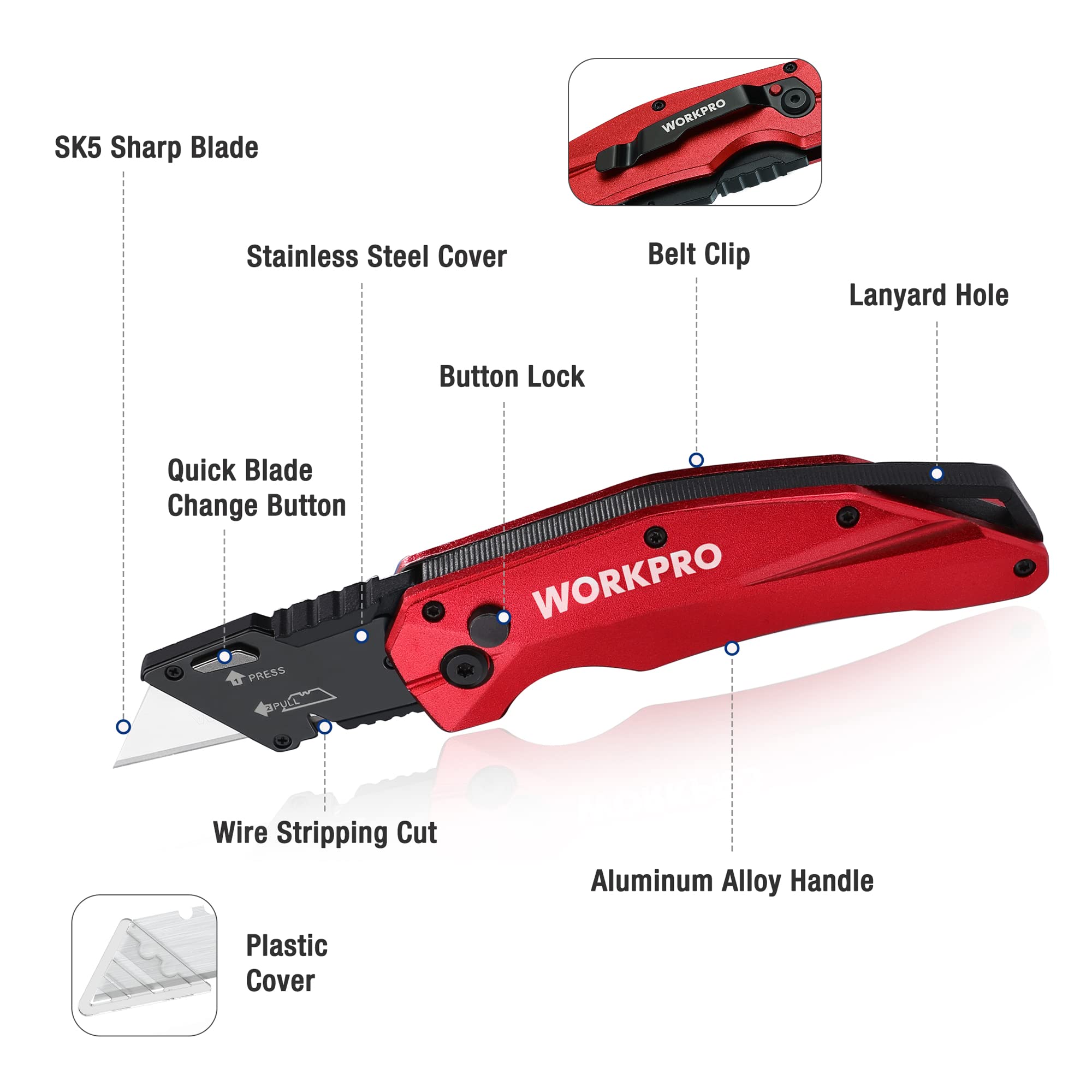 WORKPRO folding knife in use with safe lockup during cutting