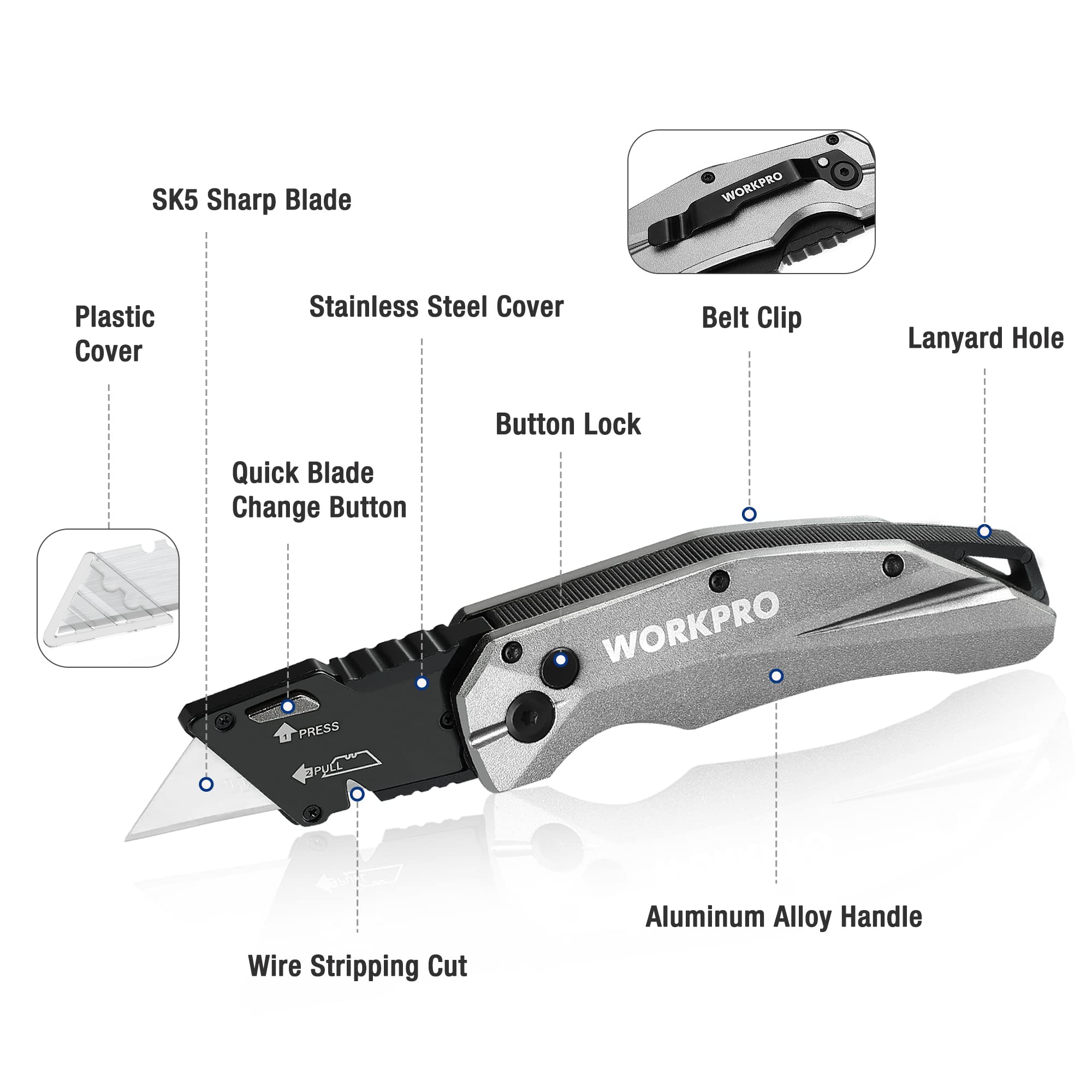 WORKPRO knife featuring quick-change blade system for fast swaps.