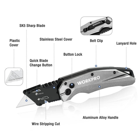 WORKPRO knife featuring quick-change blade system for fast swaps.