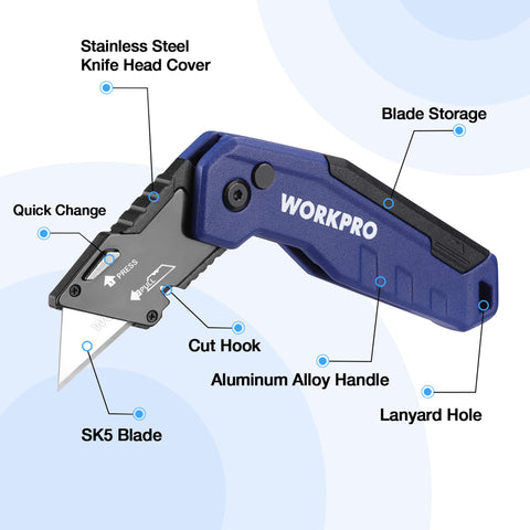 WORKPRO quick-change blade knife shows tool-free blade swaps for fast packaging tasks.