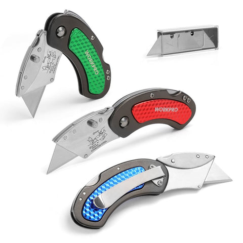 WORKPRO folding knife red with quick-change blade system for safe, fast swaps.