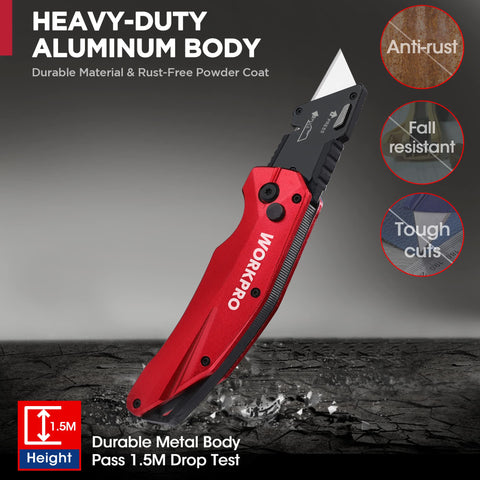 Integrated blade-change feature on WORKPRO folding knife for fast replacements