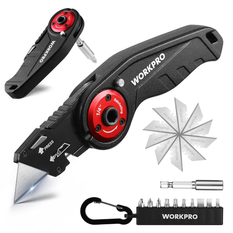WORKPRO folding utility knife with open blade for precise cutting on the job