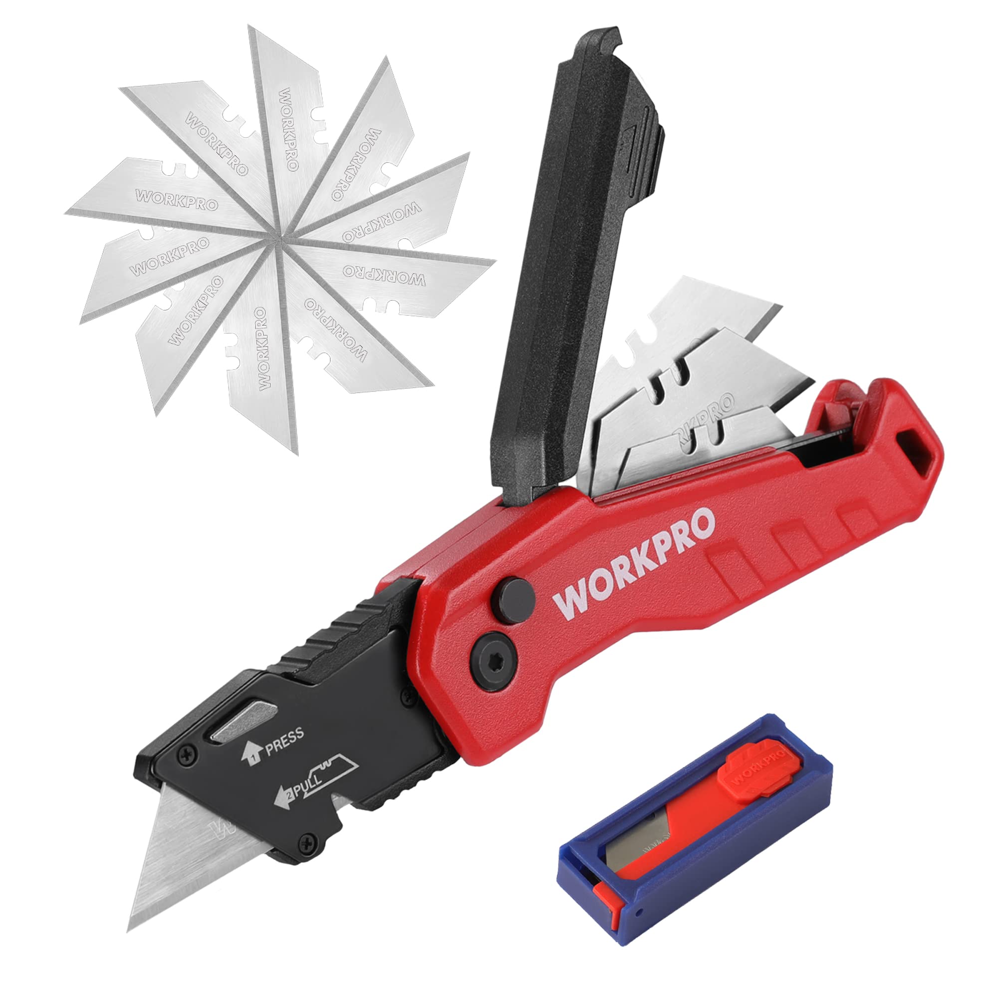 WORKPRO folding knife with red handle ready for precise cuts on boxes