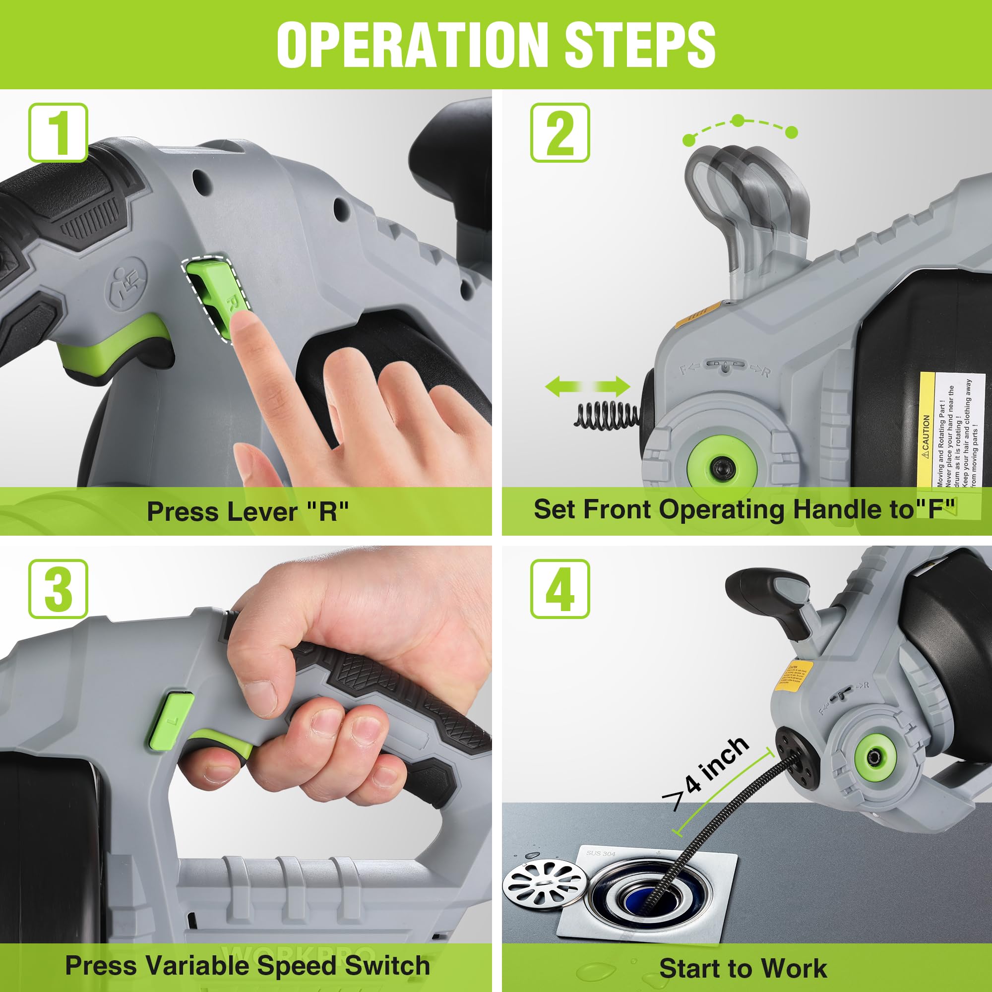 WORKPRO front operating handle provides simple forward and reverse control.