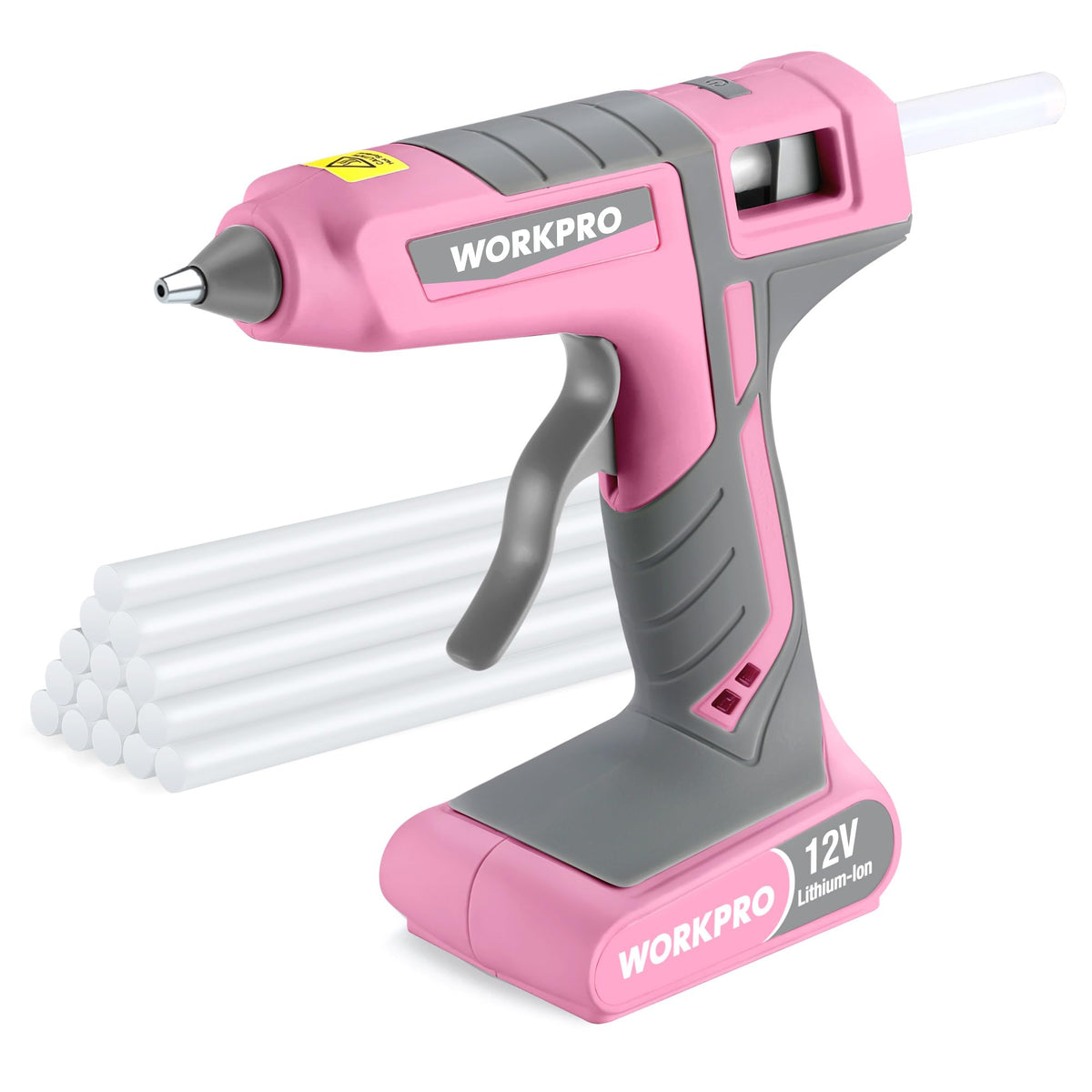 WorkPro full-size cordless glue gun 12V heats quickly for DIY projects.