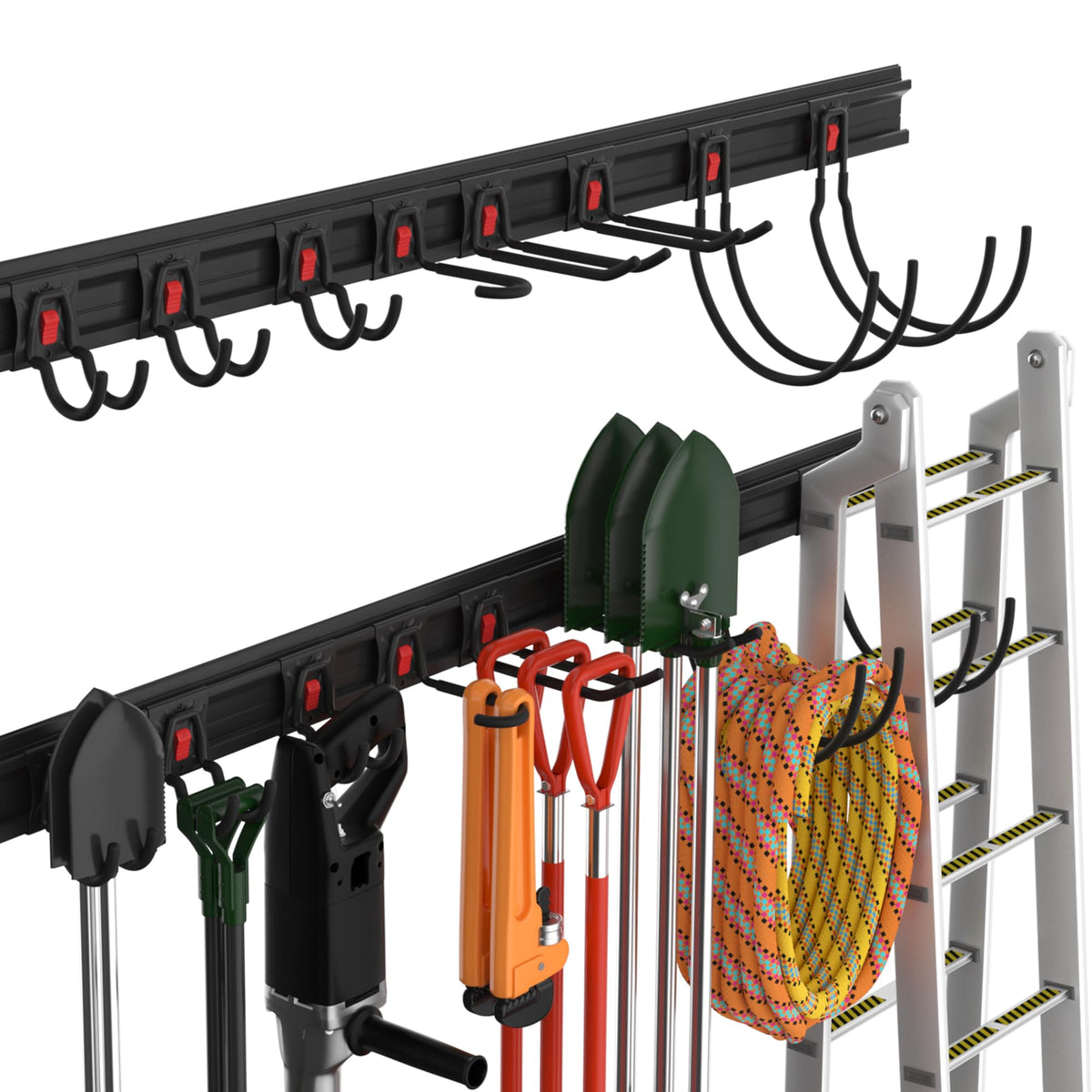 WORKPRO garage tool organizer wall-mount rails show expansive storage on the wall