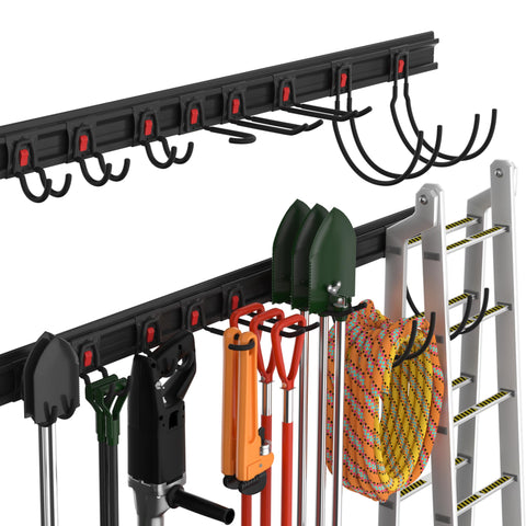 WORKPRO garage tool organizer wall-mount rails show expansive storage on the wall