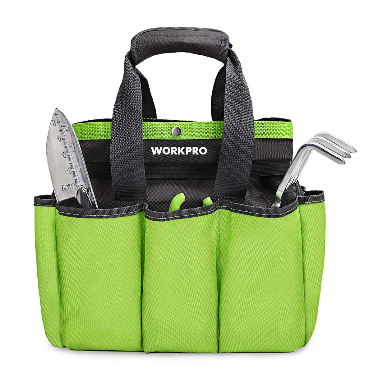 WORKPRO Garden Tool Bag front view showing eight pockets for easy access to tools