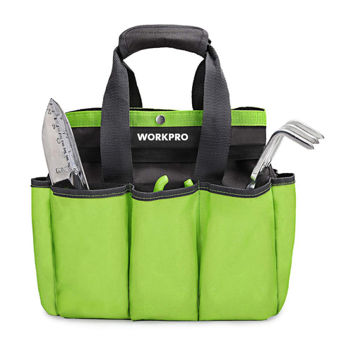 WORKPRO Garden Tool Bag front view showing eight pockets for easy access to tools