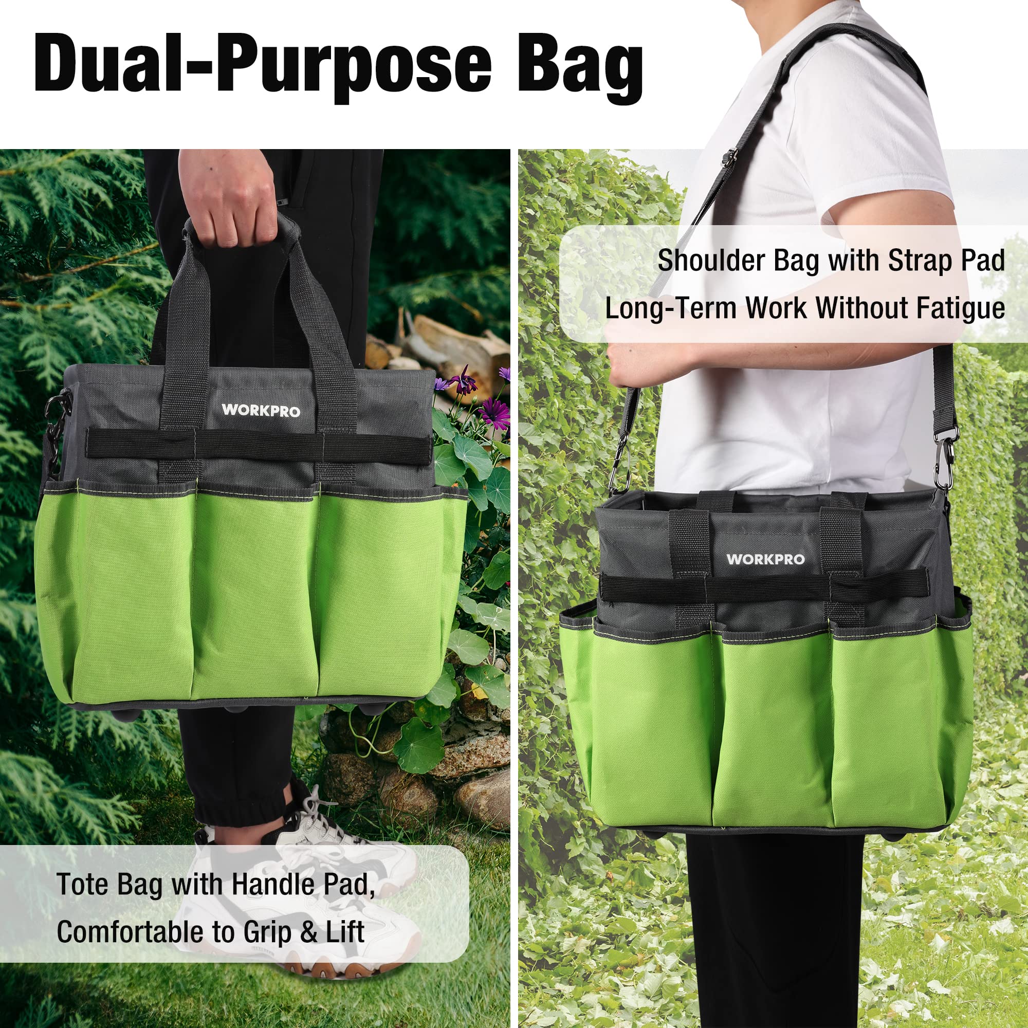 WorkPro garden tool bag bottom support helps it stand upright with tools