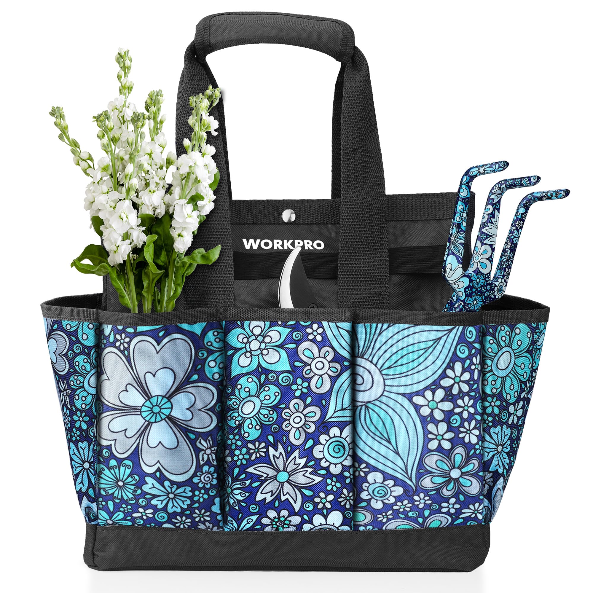 WorkPRO garden tool bag in floral blue, front view for quick access.
