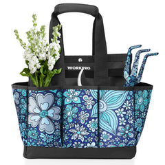 WorkPRO garden tool bag in floral blue, front view for quick access.