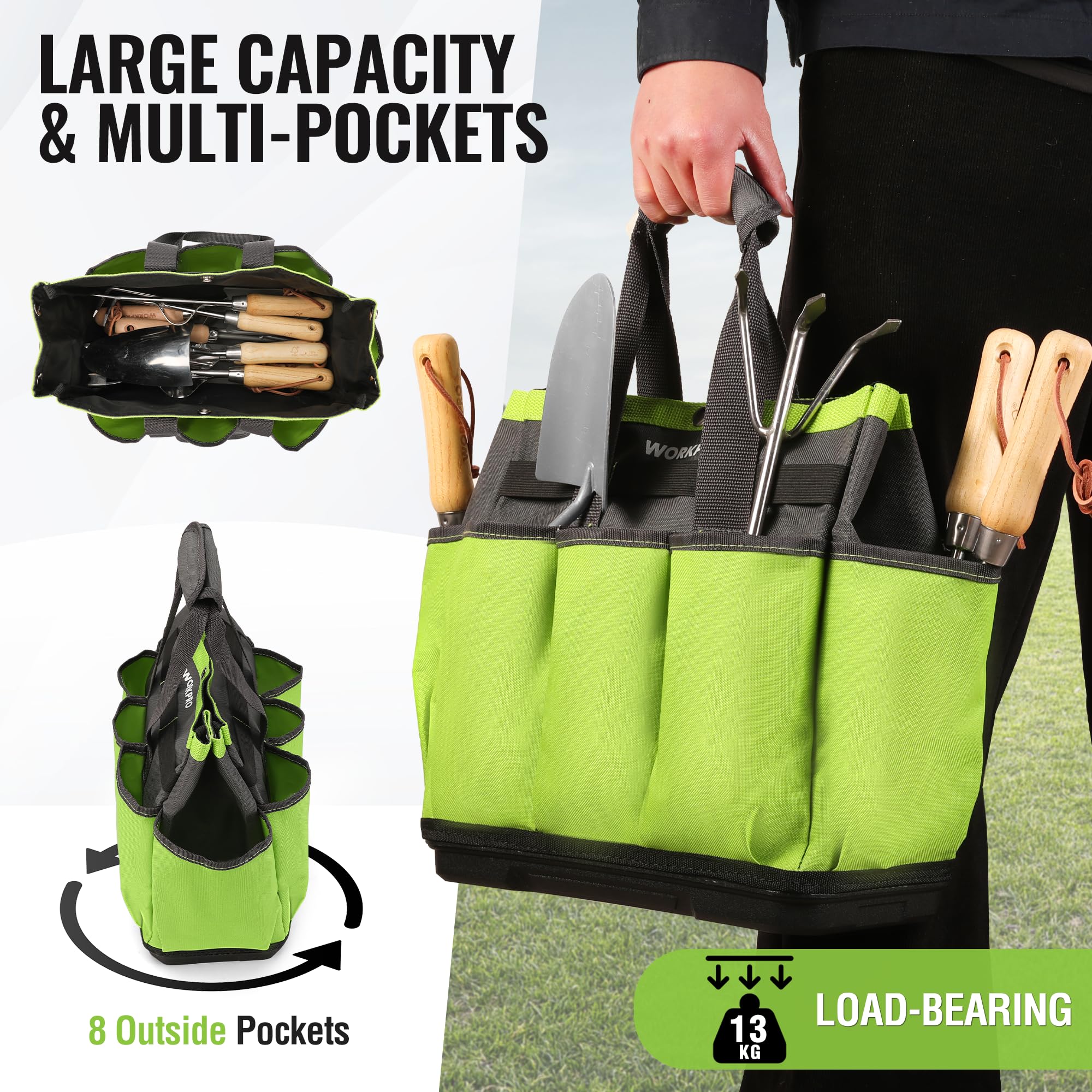 WORKPRO bag's large capacity holds multiple tools and accessories