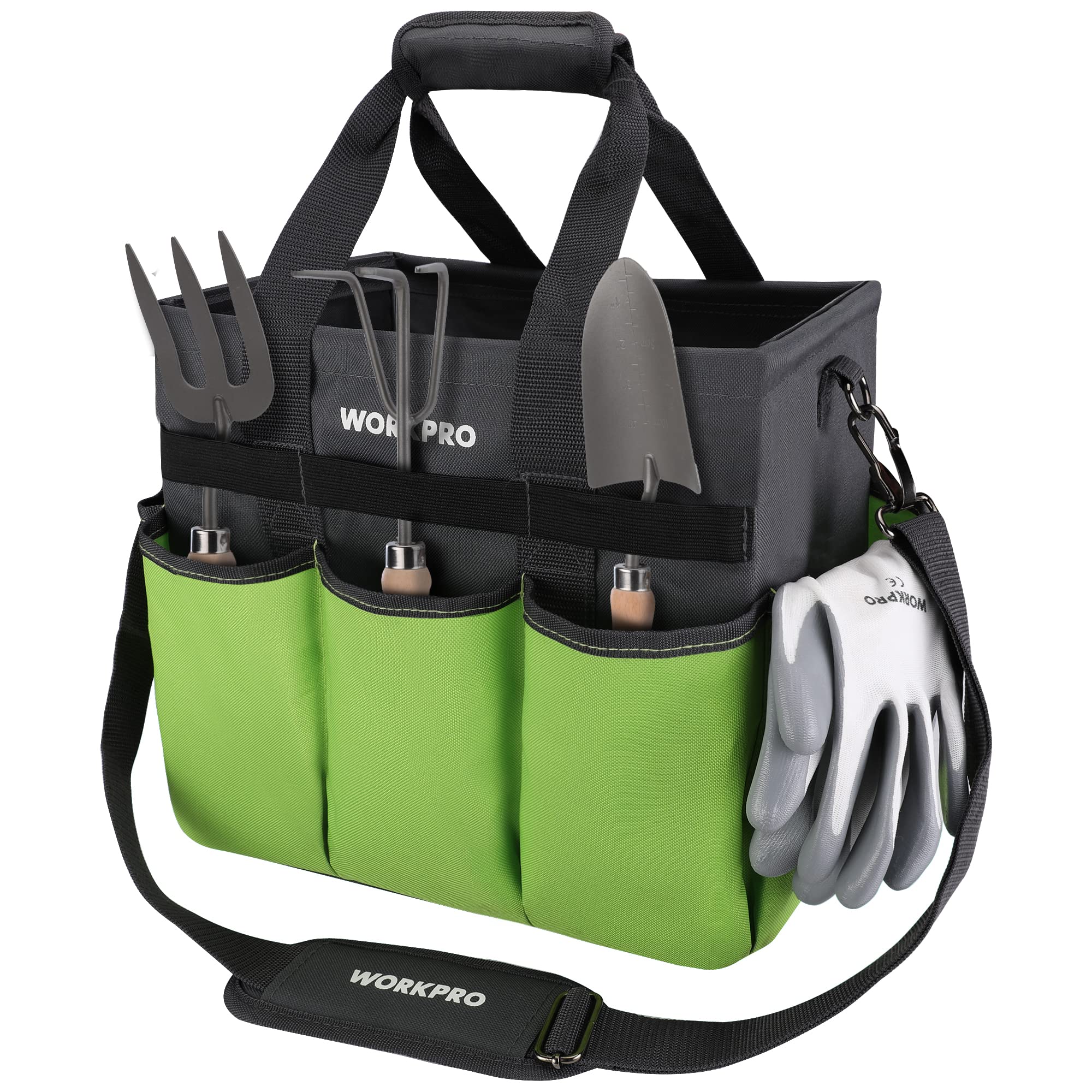 WorkPro garden tool bag organizer showing interior pockets for quick tool access