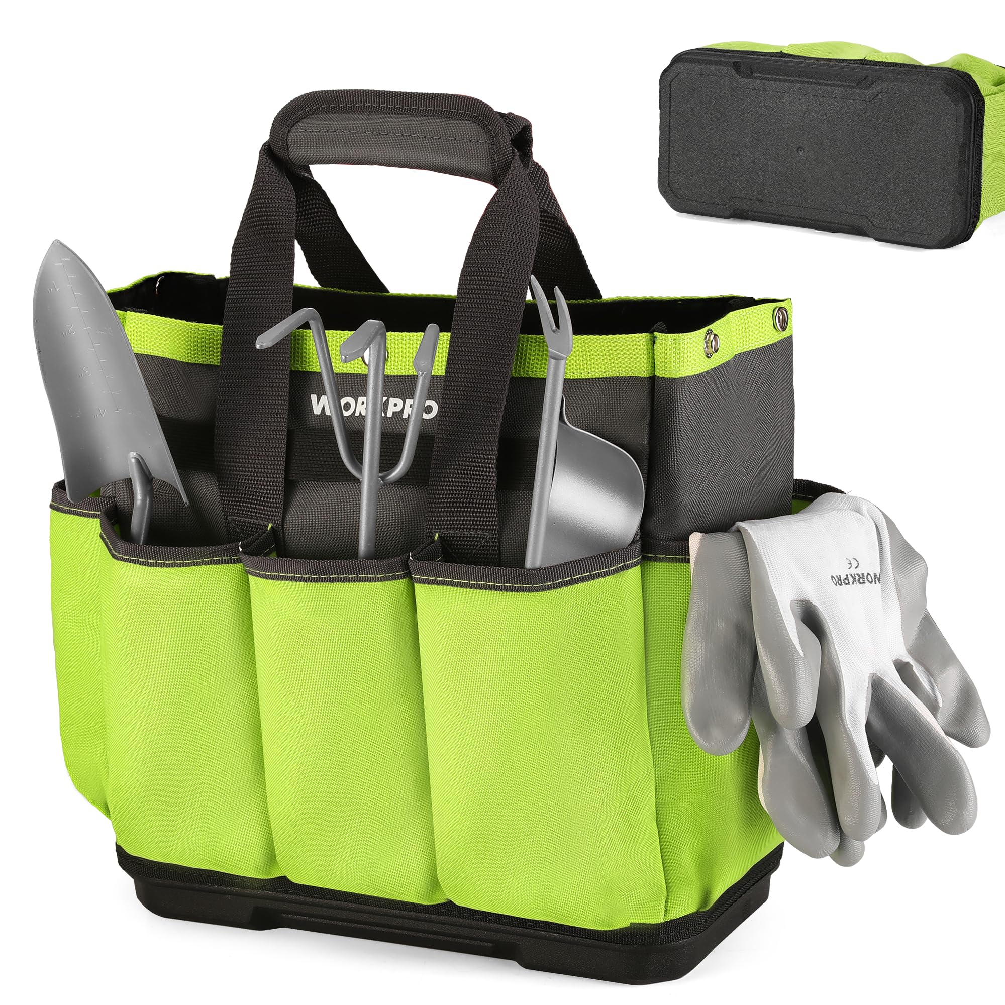 WORKPRO garden tool bag with waterproof bottom keeps tools dry outdoors