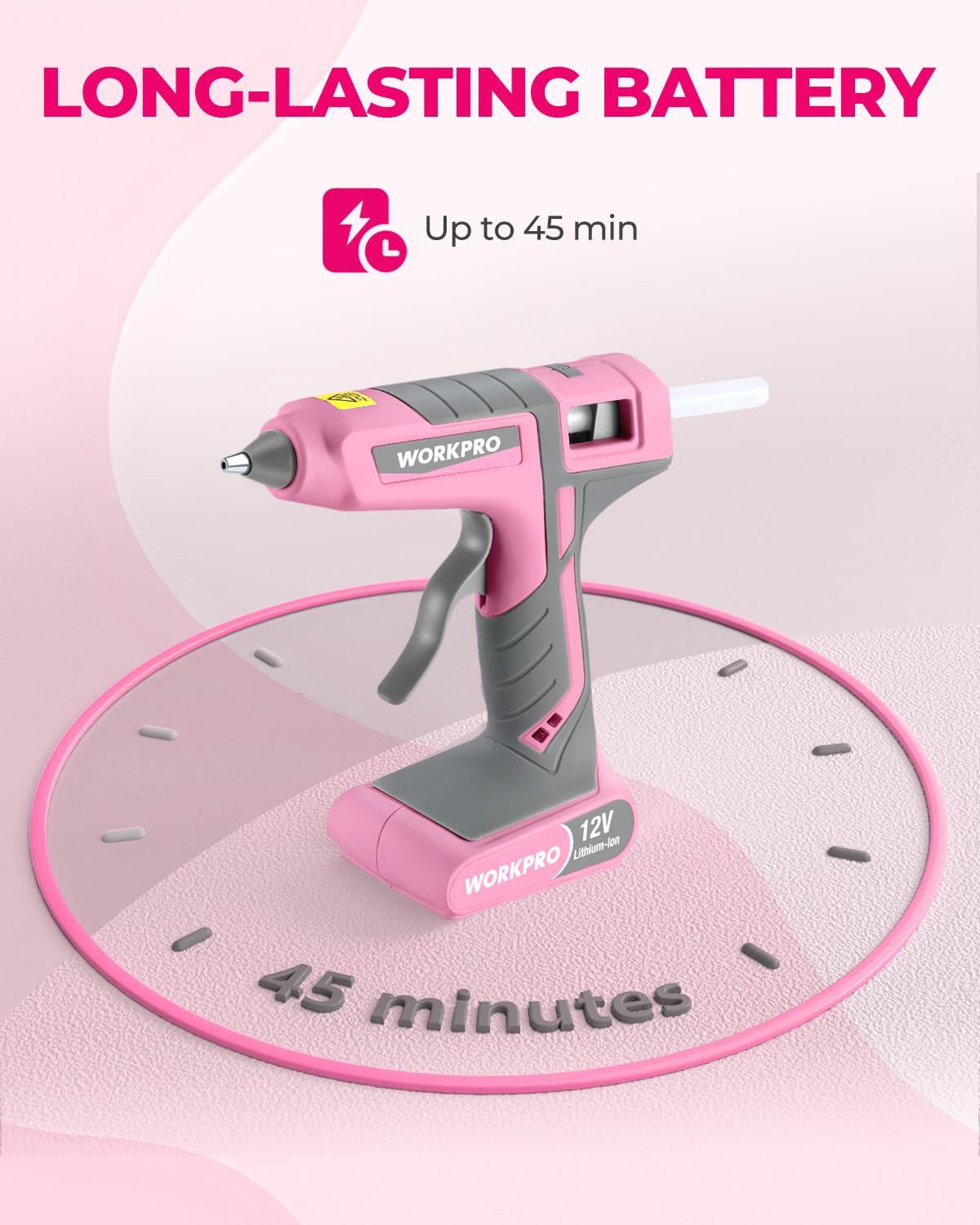 WorkPro glue gun nozzle closeup shows precise control for tidy lines.