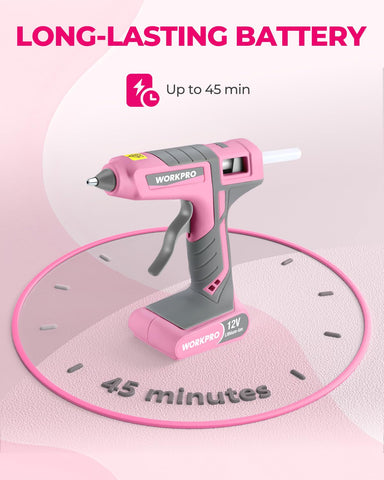 WorkPro glue gun nozzle closeup shows precise control for tidy lines.