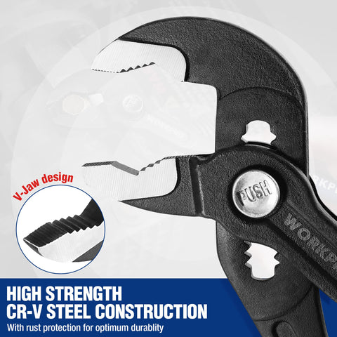 WORKPRO groove joint pliers 10-inch in use, gripping a larger fitting with stability.