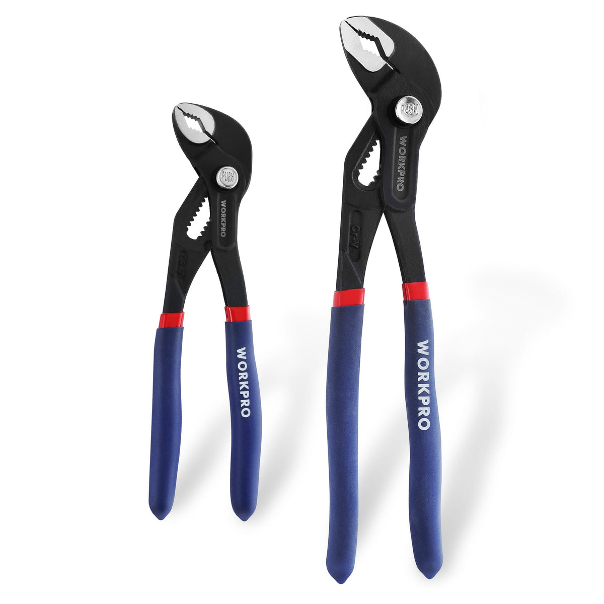 WORKPRO groove joint pliers 7-inch in use, delivering a firm grip on a pipe.