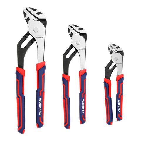 WORKPRO 8-inch groove joint plier grips pipes securely for plumbing tasks.