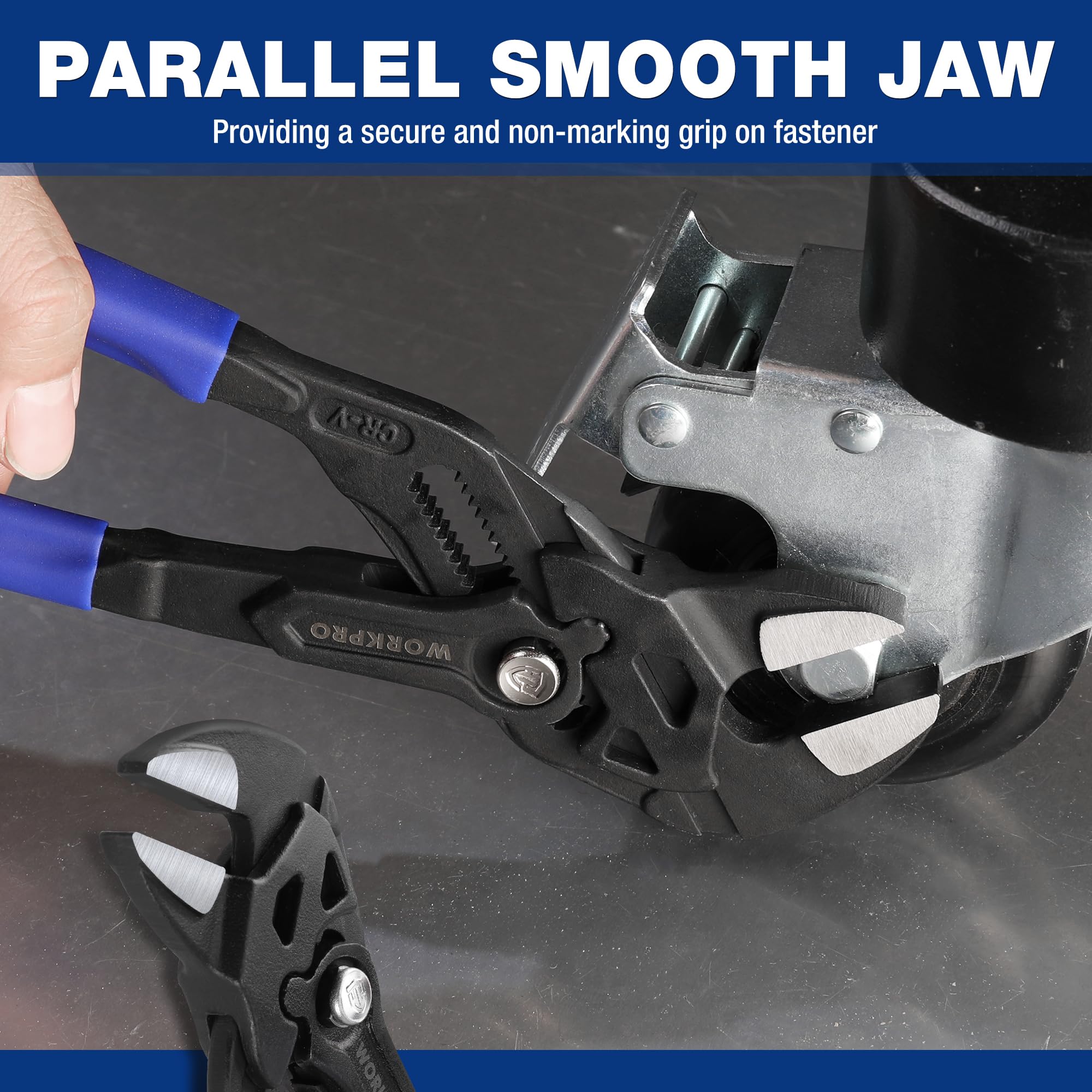 WORKPRO groove lock mechanism provides secure jaw positioning for steady grip.