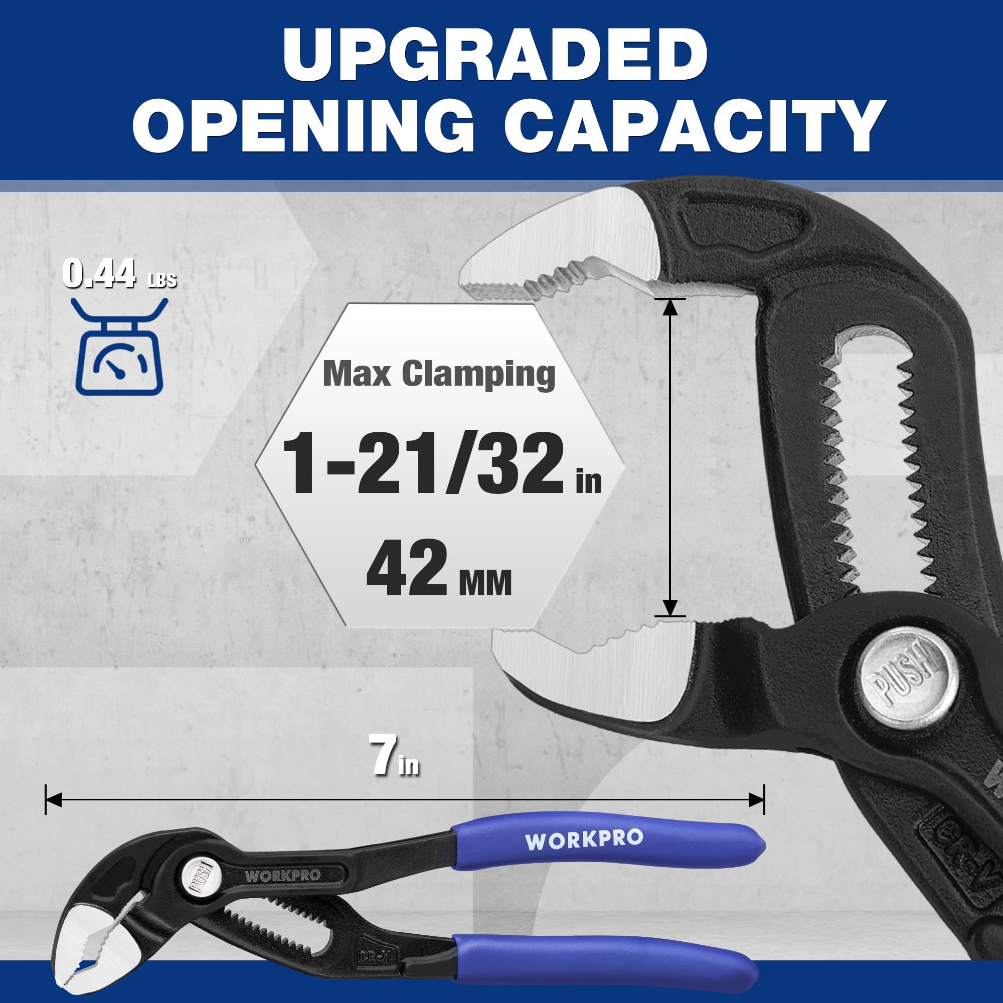 WORKPRO Groove Pliers 42mm opening for large fittings and pipe work.