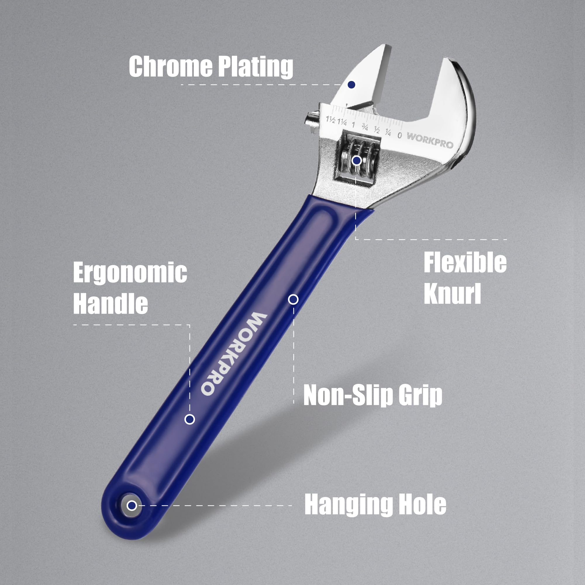 WORKPRO hanging hole design keeps tools organized in the workshop.