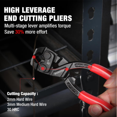 WORKPRO high-leverage end-cutting jaws for clean cuts on nails