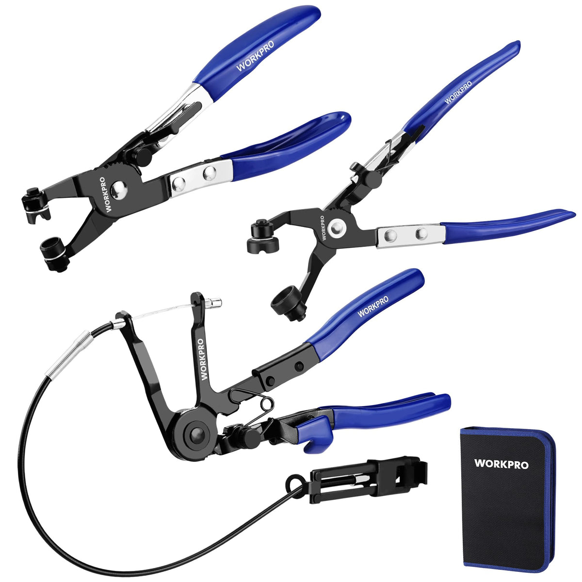 WORKPRO hose clamp pliers set with pouch for organized storage and quick access.