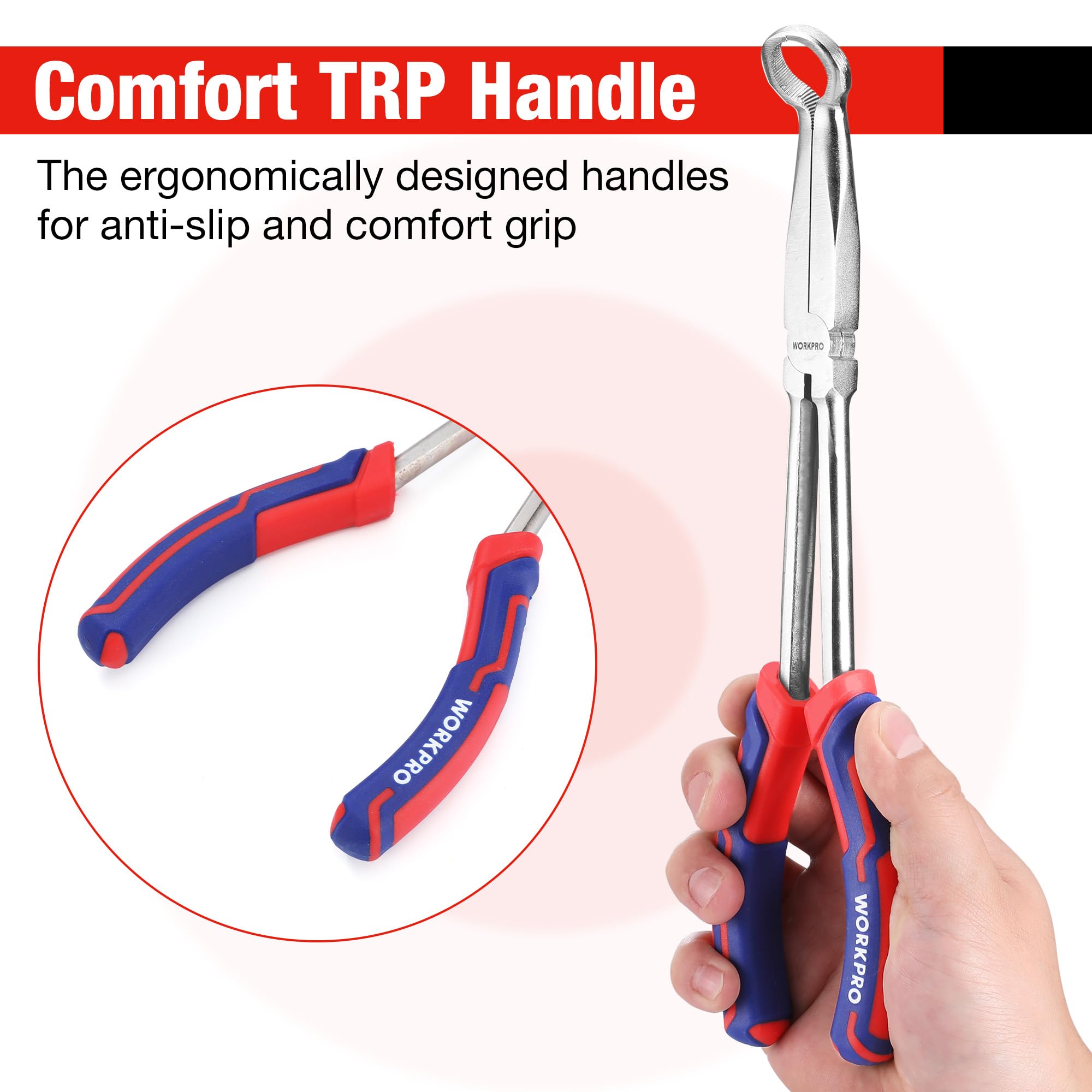 Serrated teeth on WORKPRO pliers provide a firmer grip for twists and pulls