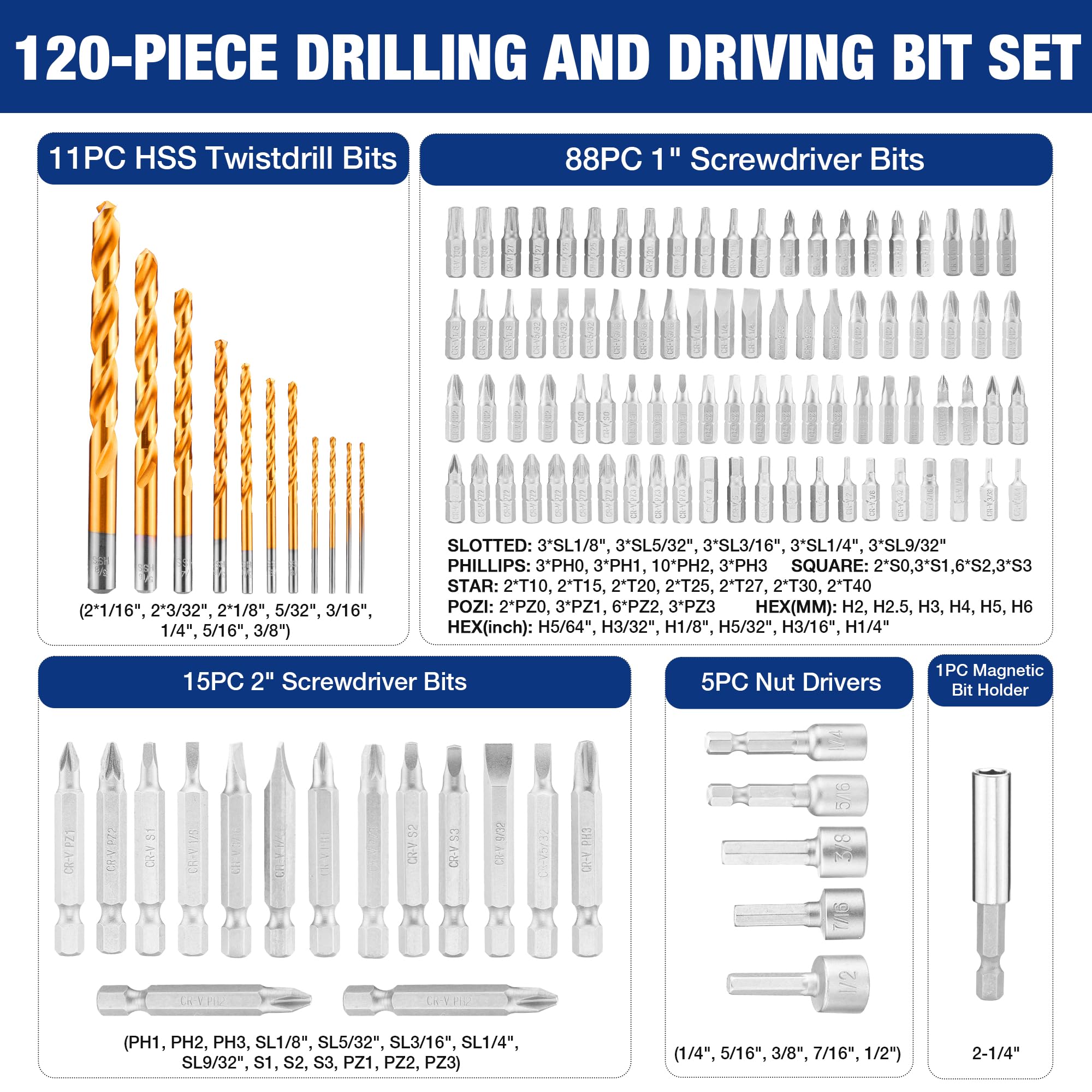 HSS titanium-coated drill bits with Cr-V bits for durable projects