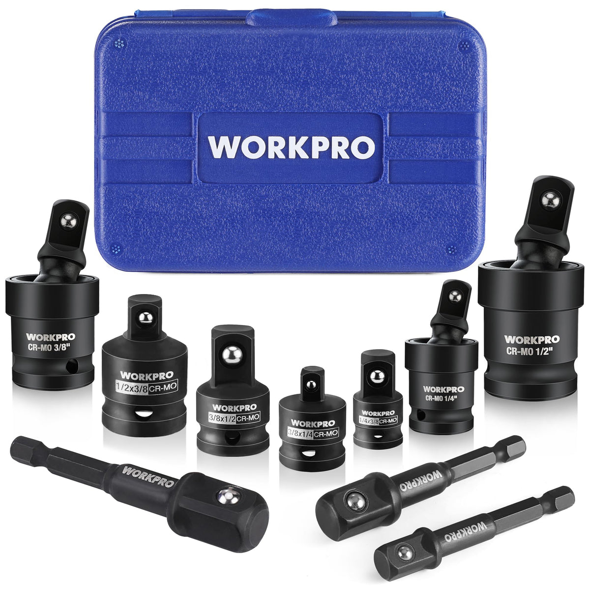 WORKPRO impact socket adapter set with case for organized tool storage and quick access.