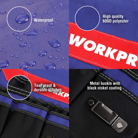 WORKPRO drill pocket with hook-and-loop strap keeps a drill secure