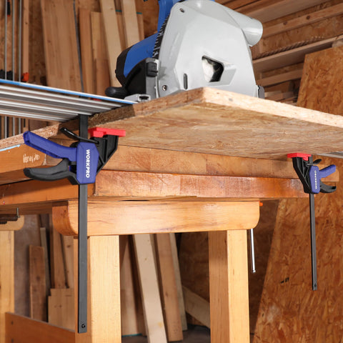 WORKPRO clamp mounted on track ready for accurate cuts.