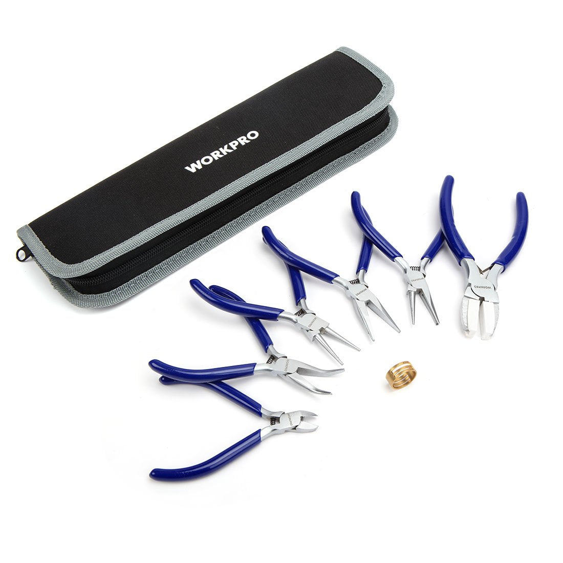WORKPRO jewelry pliers set displayed for versatile beading and repair tasks.