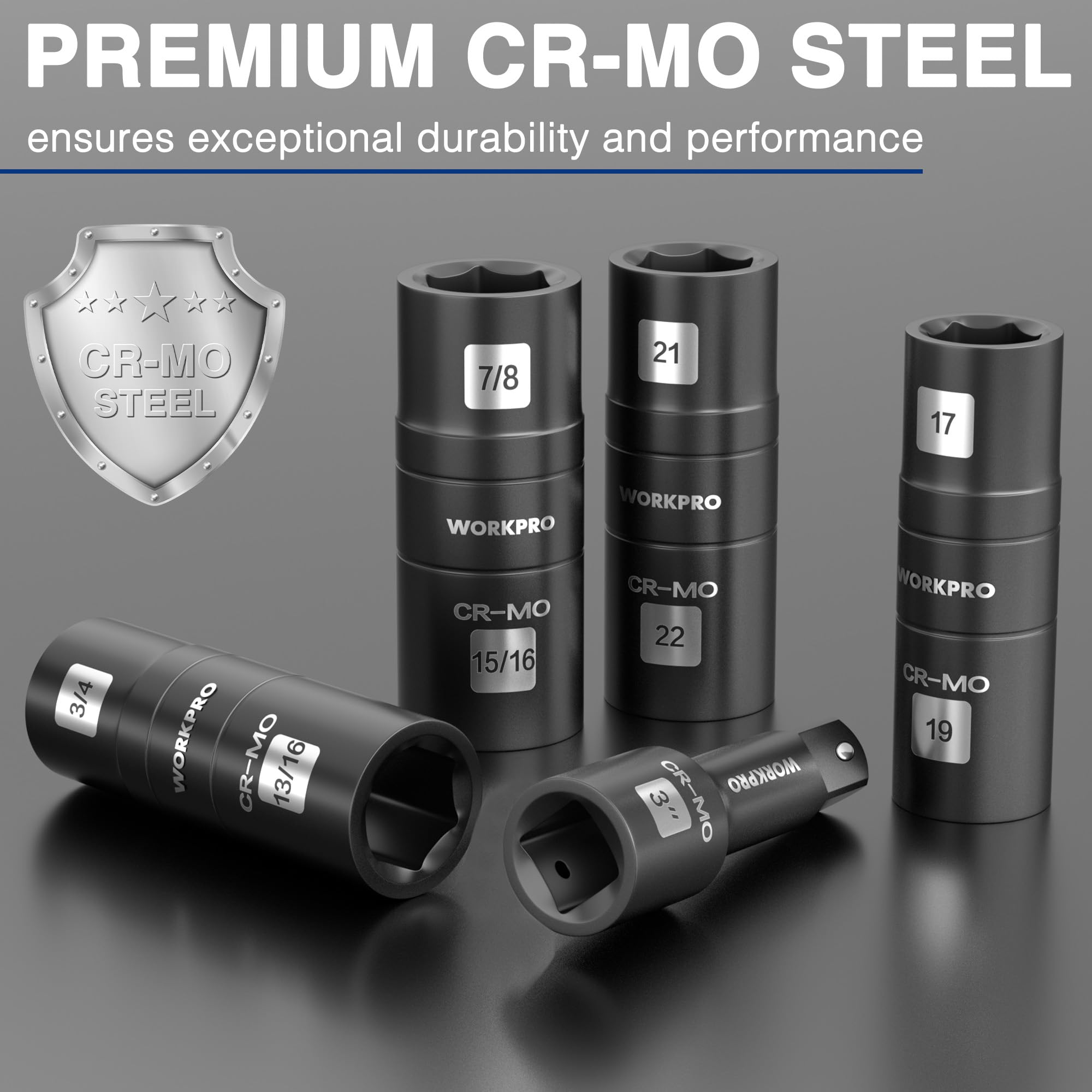 WORKPRO sockets with laser-etched sizes and labeled case for quick organization.