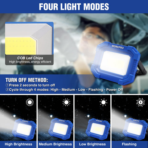 WORKPRO light showing 180-degree stand for flexible positioning.