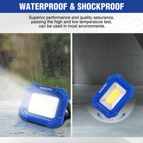 Camping setup with WORKPRO light provides reliable illumination.