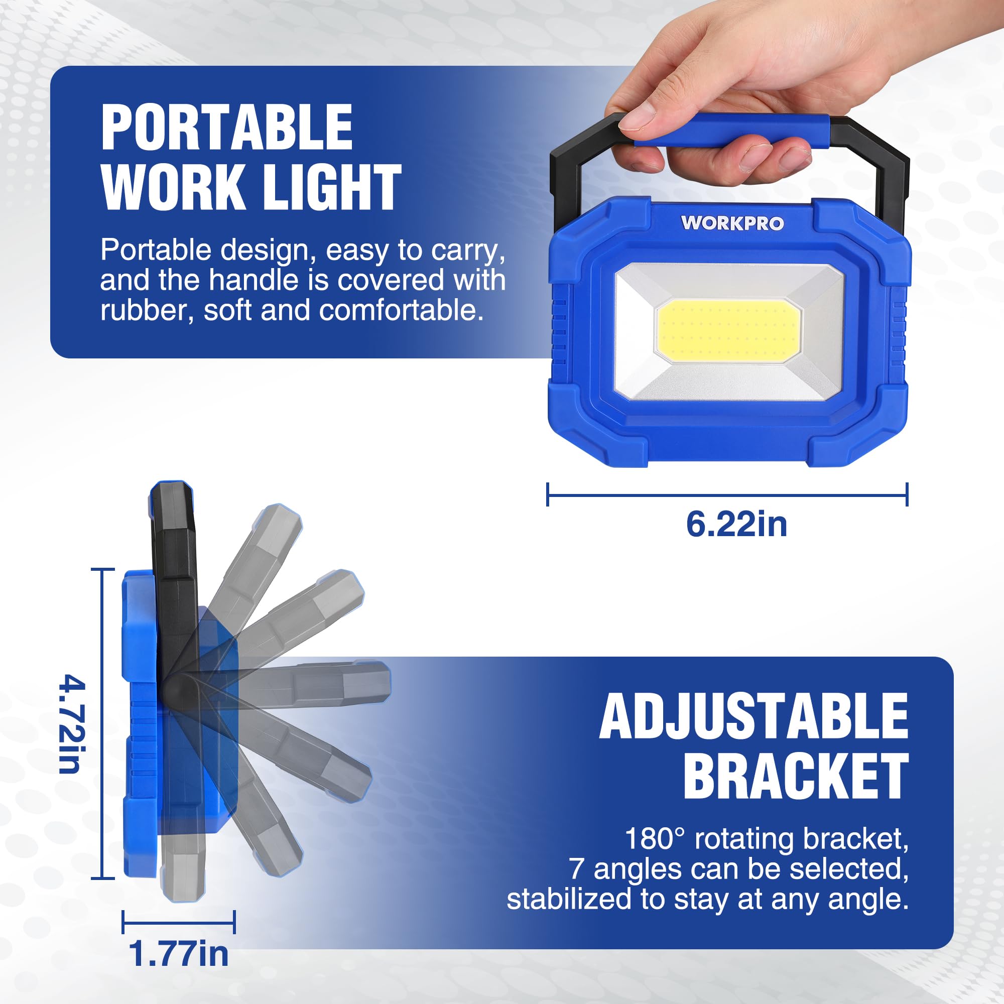 WORKPRO light with magnetic back for hands-free mounting on metal.