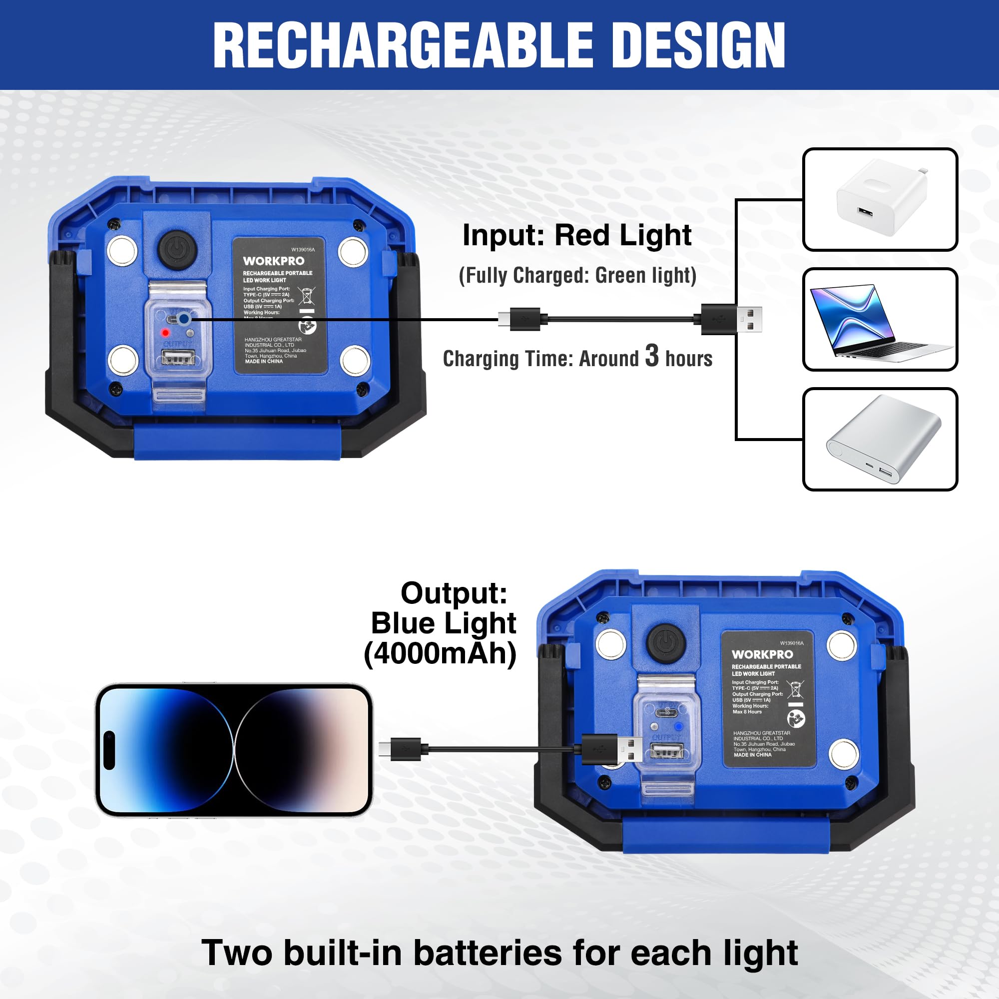 WORKPRO light charges via USB-C for quick power top-ups.
