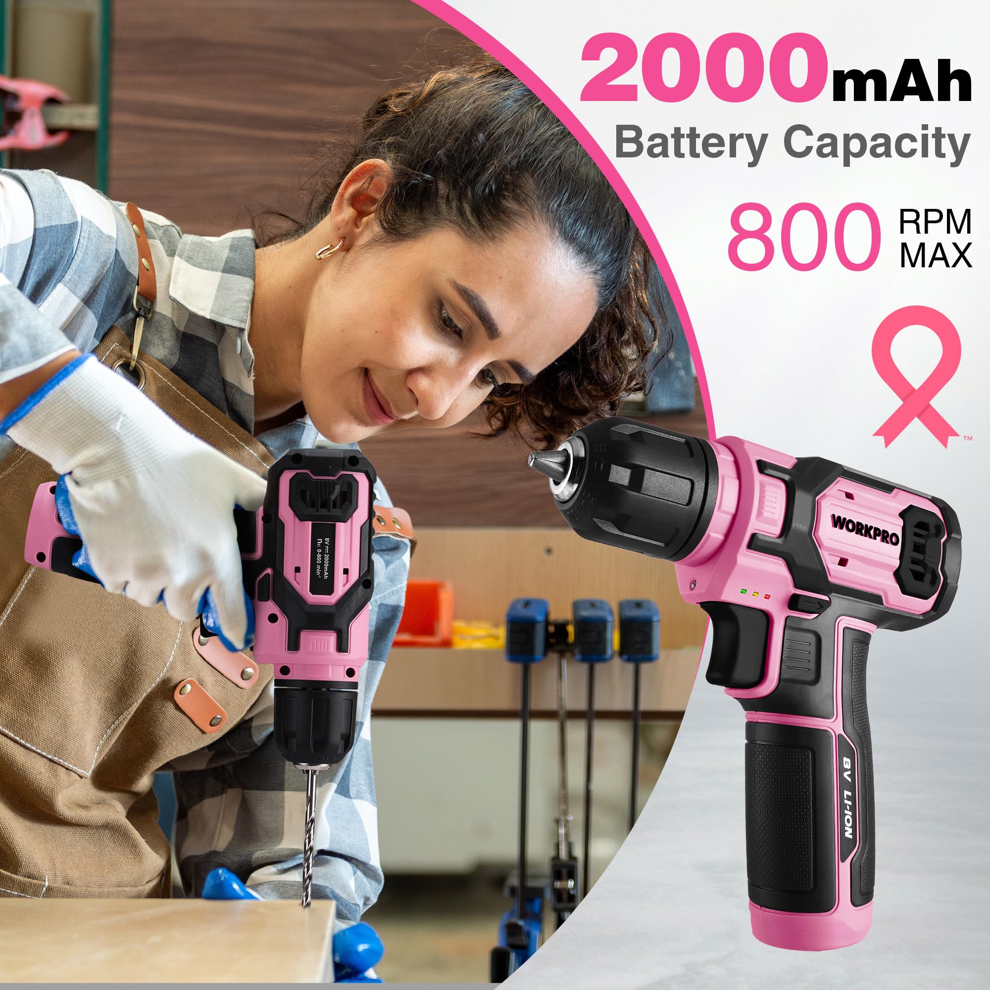 WORKPRO lightweight 1.65 lb drill, easy handling around furniture and rooms.