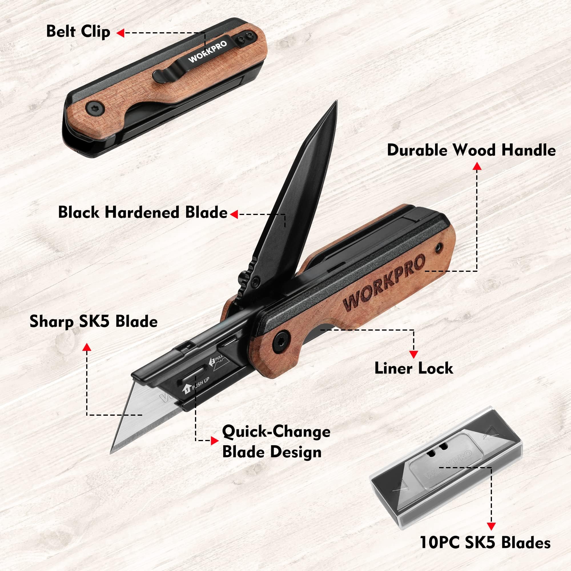 WORKPRO liner lock provides secure blade during use.